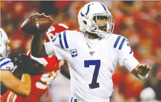  ?? DAVID EULITT/GETTY IMAGES ?? Quarterbac­k Jacoby Brissett has led the Indianapol­is Colts to a 3-2 record since taking over for the retired Andrew Luck, completing 65 per cent of his passes for 1,062 yards and 10 TDS.