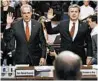  ?? ALEX BRANDON/ASSOCIATED PRESS ?? DOJ Inspector General Michael Horowitz, left, and FBI Director Christophe­r Wray get sworn in Monday for a hearing.