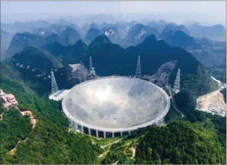  ?? LIU XU — XINHUA VIA AP ?? In this Saturday photo released by Xinhua News Agency, an aerial view shows the Five-hundred-meter Aperture Spherical Telescope (FAST) in the remote Pingtang county in southwest China’s Guizhou province. China has begun operating the world’s largest...