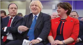  ??  ?? pen pals: Boris at the DUP conference with Nigel Dodd and Arlene Foster