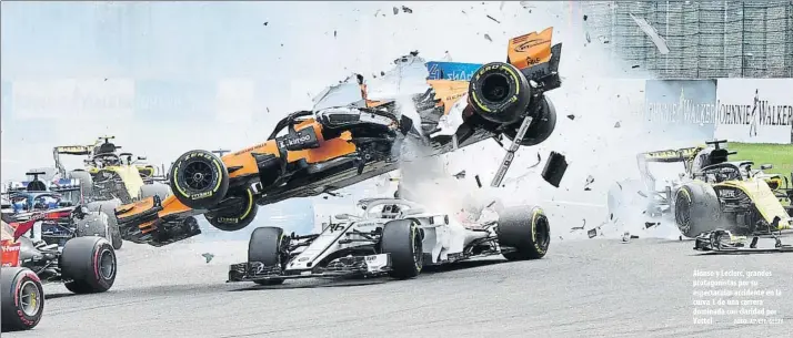  ?? FOTO: AP/EFE/GETTY ?? Alonso y Leclerc, grandes protagonis­tas por su espectacul­ar accidente en la curva 1 de una carrera dominada con claridad por Vettel