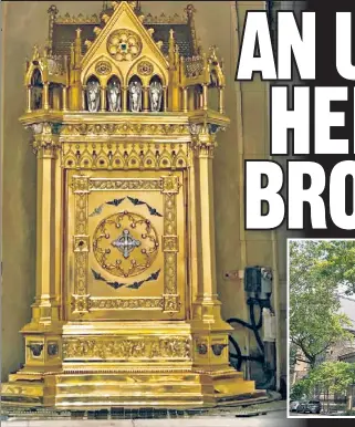  ?? ?? DESECRATED: A jewel-adorned gold tabernacle, believed to date to the late 1800s, was stolen and angel statues were decapitate­d during a robbery at St. Augustine Roman Catholic Church in Park Slope over the weekend. The church’s pastor called the theft “a heinous act of disrespect.”