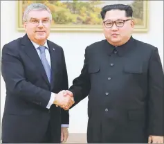  ??  ?? This undated picture released by North Korea’s official Korean Central News Agency (KCNA) shows Kim (right) shaking hands with Bach. — AFP photo