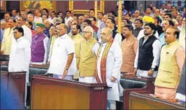  ?? PTI PHOTO ?? BJP senior leader LK Advani, party president Amit Shah, NCP chief Sharad Pawar and other dignitarie­s at the special ceremony in the Central Hall of Parliament on Friday.