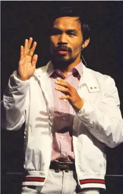  ?? ABAC CORDERO ?? Manny Pacquiao says he has accepted his controvers­ial loss to American Tim Bradley in a religious gathering at the Riviera Convention Center in LA.