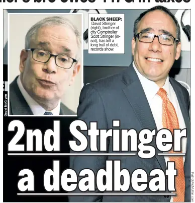  ??  ?? BLACK SHEEP: David Stringer (right), brother of city Comptrolle­r Scott Stringer (inset), has left a long trail of debt, records show.