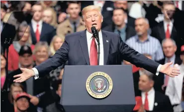  ?? PHOTO: AP ?? President Donald Trump speaks at a rally on Wednesday in Nashville, Tennessee. The writer says the Trump administra­tion is continuing on its path of swiftly and brazenly casting aside ethical and anti-corruption shackles.