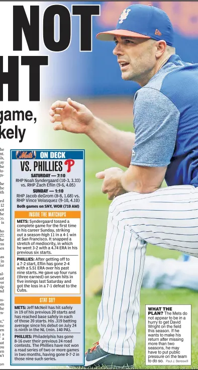  ?? Paul J. Bereswill ?? WHAT THEPLAN? The Mets do not appear to be in a hurry to get David Wright on the field this season. If he wants to make his return after missing more than two seasons, he may have to put public pressure on the team to do so.