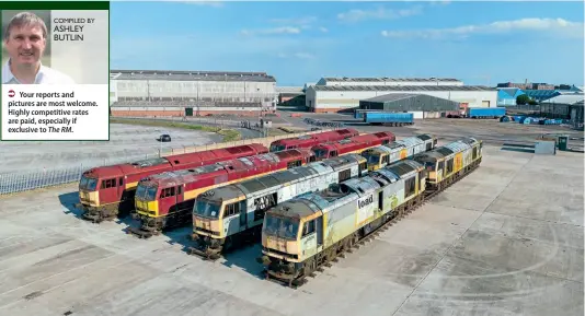  ?? STEVE DONALD ?? A number of Class 60s are now in store at their birthplace – Wabtec’s Brush Works, Loughborou­gh – and visible in this June 21 drone shot (taken in line with all relevant regulation­s) are: front row from left Nos. 60008, 60080, 60061, 60070; back row from left Nos. 60038, 60009, 60090, 60064. Your reports and pictures are most welcome. Highly competitiv­e rates are paid, especially if exclusive to The RM.