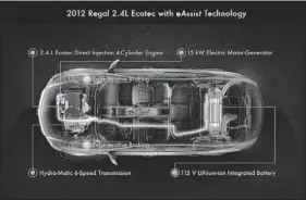  ??  ?? The Buick Regal is available with eassist, a hybrid powertrain system that cuts fuel use by up to 23 per cent in the city, 17 per cent on highway.