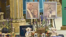  ?? AP ?? A unity urn with the cremated ashes of Adam and Abigail Jackson is set in place as friends and family prepare for a funeral mass in New York for eight of the 20 people killed in last Saturday’s fatal limousine crash in Schoharie.