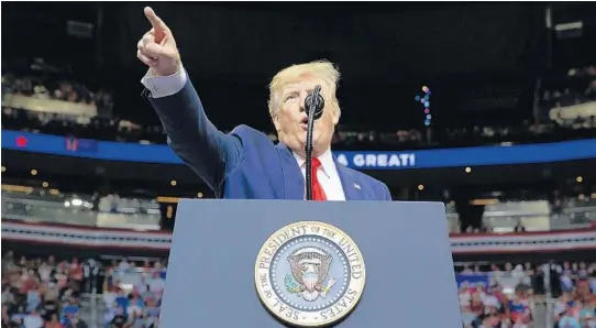  ?? EVAN VUCCI/AP ?? President Donald Trump speaks during his 2020 reelection campaign kickoff rally at the Amway Center on Tuesday in Orlando. He vowed to “keep on winning, winning, winning.”