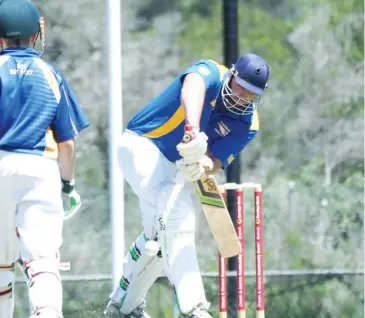  ??  ?? Ellinbank’s Mat Robertson works the ball to the leg side on his way to top scoring for his side with 24 during the division two match against Drouin.