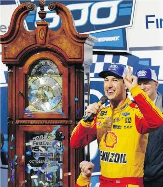  ?? STEVE HELBER/THE ASSOCIATED PRESS ?? Joey Logano celebrates after winning the Monster Energy NASCAR Cup Series race at Martinsvil­le Speedway in Virginia Sunday with a controvers­ial bump-and-run move.