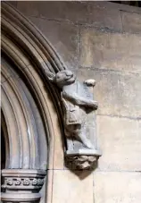  ??  ?? The deep blue constellat­ion ceiling and carvings of 14th century musicians playing instrument­s in the Minstrels’ Pillar at St Mary’s church (far left). The Pilgrim Rabbit, believed to have been the inspiratio­n for the white rabbit illustrati­on in Alice...