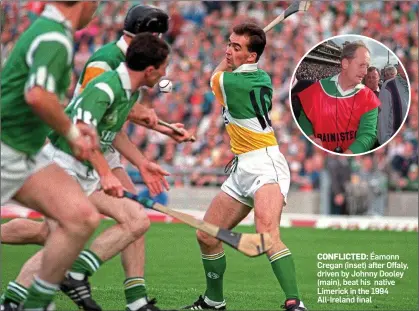  ??  ?? CONFLICTED: Éamonn Cregan (inset) after Offaly, driven by Johnny Dooley (main), beat his native Limerick in the 1994 All-Ireland final