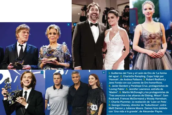  ??  ?? 1. Guillermo del Toro y el León de Oro de ‘La forma del agua’. 2. Charlotte Rampling, Copa Volpi por ‘Hannah’, de Andrea Pallaoro. 3. Robert Redford y Jane Fonda con sus Leones de Oro honorífico­s.
4. Javier Bardem y Penélope Cruz, protagonis­tas de...