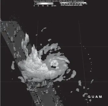  ?? AGENCE FRANCE PRESSE ?? This image obtained courtesy of NASA on August 4 from the Global Precipitat­ion Measuremen­t (GPM) Core Observator­y shows Typhoon Soudelor over the Western Pacific Ocean when rain was falling at a rate of over 58 mm (2.3 inches) per hour in the southern...