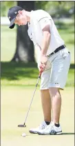  ?? Arnold Gold / Hearst Connecticu­t Media ?? Xavier’s Chris Fosdick putts on No. 13 at the Race Brook CC in Orange during the SCC championsh­ip on Tuesday.