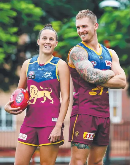  ??  ?? Brisbane Lions captains Emma Zielke and Dayne Beams ahead of the AFLW final this weekend. Picture: TARA CROSER
