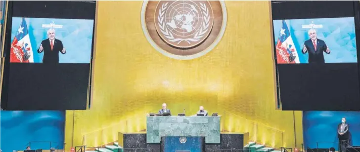  ??  ?? ► El discurso del Presidente Piñera proyectado ayer en la Asamblea General de la ONU.