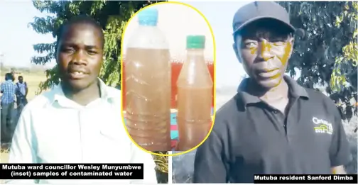  ??  ?? Mutuba ward councillor Wesley Munyumbwe (inset) samples of contaminat­ed water Mutuba resident Sanford Dimba