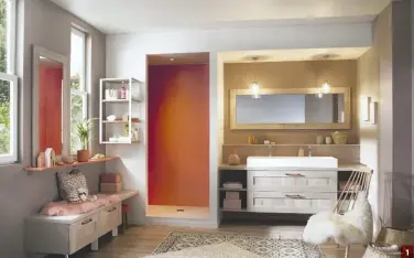  ??  ?? 1 CUISINELLA. Feutrée et cosy, avec un grand miroir, un plan de toilette et une vasque à poser. Meuble « Label Cube » coloris « Havana Oak », avec cadre en panneau de particules mélaminé structuré, existe en 7 coloris, plan de toilette béton clair, à partir de 851 €.