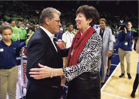  ?? Robert Franklin / Associated Press ?? UConn coach Geno Auriemma, left, and Notre Dame coach Muffet McGraw shake hands before a 2018 game. The long-running beef between Auriemma and McGraw reared its head again this past week.