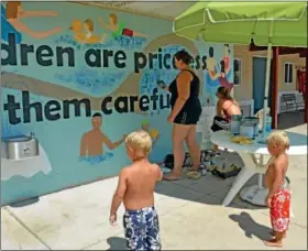  ??  ?? Anthony Hotham, 4, and his brother, Tommy, 2, watch as the new mural is painted.