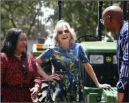  ?? (AP/Brian Inganga) ?? U.S. first lady Jill Biden (center) visits an organizati­on connecting tractor owners and smallholde­r farmers Saturday in Nairobi, Kenya.