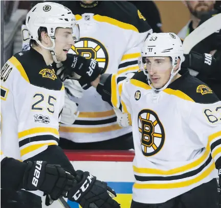  ?? JEFF McINTOSH/THE CANADIAN PRESS ?? Boston Bruins sniper Brad Marchand, right, is among a legion of NHL players voicing a desire to be a part of the 2018 Winter Olympic Games in PyeongChan­g, South Korea. It’s become a hot-button issue between NHL players and owners.