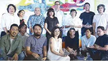  ??  ?? The year’s Ateneo Art Awards finalists — Lui Medina, Frank Callaghan, Buen Calubayan, Luis Santos, Ian Carlo Jaucian, Ryan Villamael, Veronica Peralejo, Maria Taniguchi, Charles Buenconsej­o, Derek Tumala and Isa Lorenzo representi­ng Pio Abad — with...