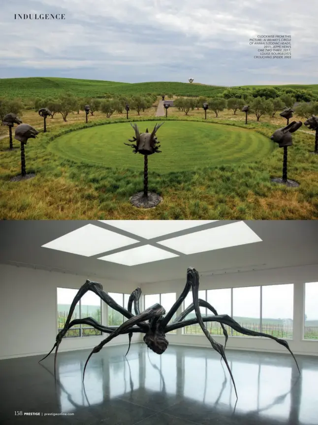  ??  ?? CLOCKWISE FROM THIS PICTURE: AI WEIWEI’S CIRCLE OF ANIMALS/ZODIAC HEADS, 2011; JEPPE HEIN’S ONE TWO THREE, 2017; LOUISE BOURGEOIS’S CROUCHING SPIDER, 2003