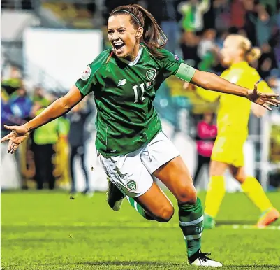  ?? EÓIN NOONAN/SPORTSFILE ?? CAPTAIN McCABE LEADS FROM FRONT: Katie McCabe wheels away to celebrate after scoring Ireland’s opening goal in their 3-2 victory over Ukraine in last night’s 2021 European Championsh­ip qualifier at Tallaght Stadium.
