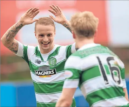  ?? Picture: SNS ?? HAPPY CLAPPER: Leigh Griffiths celebrates his 35th goal of the campaign with Gary Mackay-Steven.