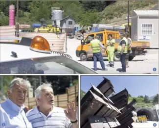  ??  ?? Peu après notre arrivée, des agents de la direction des routes italiennes convergent à l’entrée du chantier et en bloquent l’accès 6. Angelo Fruttero et Jean-Pierre Vassallo, respective­ment maires de Limone et Tende, disent leur inquiétude d’une même voix 5. Aux abords de la nouvelle galerie, des monticules de ferraille, semblables à ceux qui ont été volés, attendent d’être installés