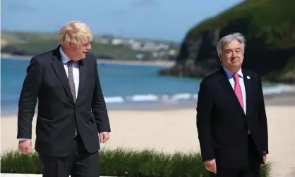  ??  ?? Boris Johnson with UN secretary general António Guterres at the G7 summit in Carbis Bay, Cornwall. Photograph: Hollie Adams/EPA