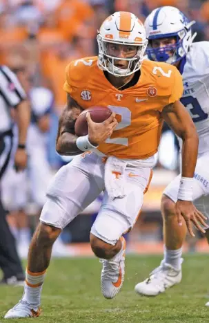  ?? STAFF PHOTO BY ROBIN RUDD ?? Jarrett Guarantano, pictured, will start at quarterbac­k Saturday as the Vols host South Carolina. The redshirt freshman has played in three games this season in relief of junior Quinten Dormady.