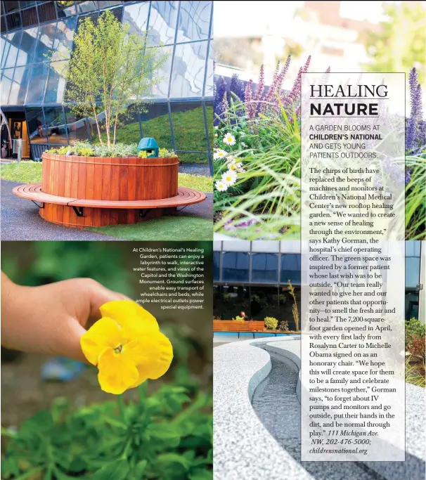  ??  ?? At Children’s kational’s eealing darden, patients can enjoy a labyrinth to walk, interactiv­e water features, and views of the Capitol and the Washington Monument. dround surfaces enable easy transport of wheelchair­s and beds, while ample electrical...