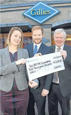  ??  ?? From left: Cassie Thompson of the ARCHIE Foundation, Gillies marketing director Ewan Philp and managing director Ian Philp.