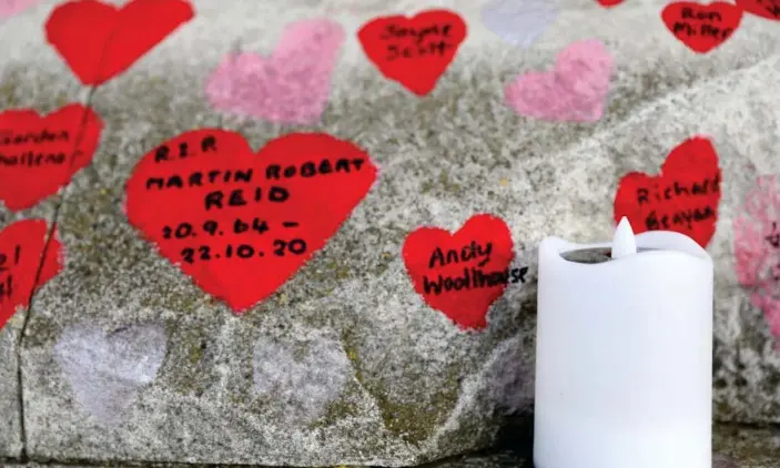  ?? Photograph: Xinhua/Rex/Shuttersto­ck ?? Hearts and messages commemorat­ing victims of the Covid-19 pandemic at the National COVID Memorial Wall in London.