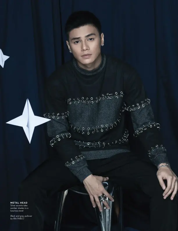  ??  ?? METAL HEAD
Silver accents take somber shades to a luxurious level
Black and gray pullover by IRA PABLO