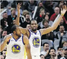  ?? ERIC GAY/AP ?? The Warriors have plenty of superstar mojo, but their thin bench was exposed during a four-game tailspin earlier this month. Kevin Durant, right, has been helping to carry the team in recent matches.