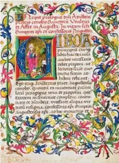  ??  ?? Ein Werk von Leonhard Wagner aus der „Vita Sancti Simperti“, die gemalten Ranken und die Initiale stammen von Georg Beck (1492).