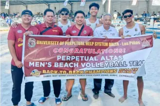  ?? PHOTOGRAPH COURTESY OF UNIVERSITY OF PERPETUAL HELP ?? UNIVERSITY of Perpetual Help System Dalta extends its reign in men’s beach volleyball to a second straight year after beating Mapua University, 21-19, 21-13, in the NCAA Season 99 final.