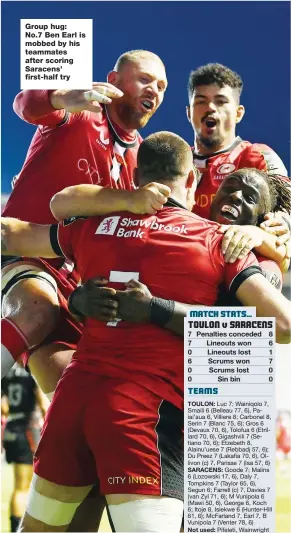  ?? ?? Group hug: No.7 Ben Earl is mobbed by his teammates after scoring Saracens’ first-half try