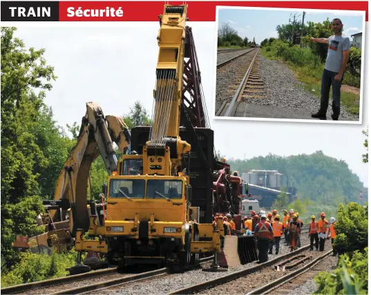  ?? PHOTOS AXEL MARCHAND-LAMOTHE ?? Des équipes se sont affairées à retirer des wagons qui ont quitté les rails lundi soir à Saint-Constant. En mortaise, Alex Hassoun montre le lieu du dérailleme­nt, survenu à une centaine de mètres de sa résidence et de son commerce.