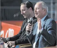  ??  ?? LVCVA President and CEO Steve Hill, right, and The Boring Company President Steve Davis answer questions Friday.