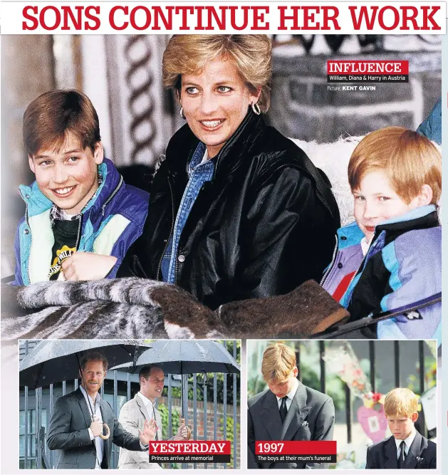  ??  ?? Princes arrive at memorial William, Diana & Harry in Austria The boys at their mum’s funeral