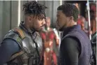  ?? MATT KENNEDY/MARVEL STUDIOS ?? Erik Killmonger (Michael B. Jordan, left) and T'Challa/Black Panther (Boseman) don't see eye to eye on Wakanda's future in “Black Panther.”